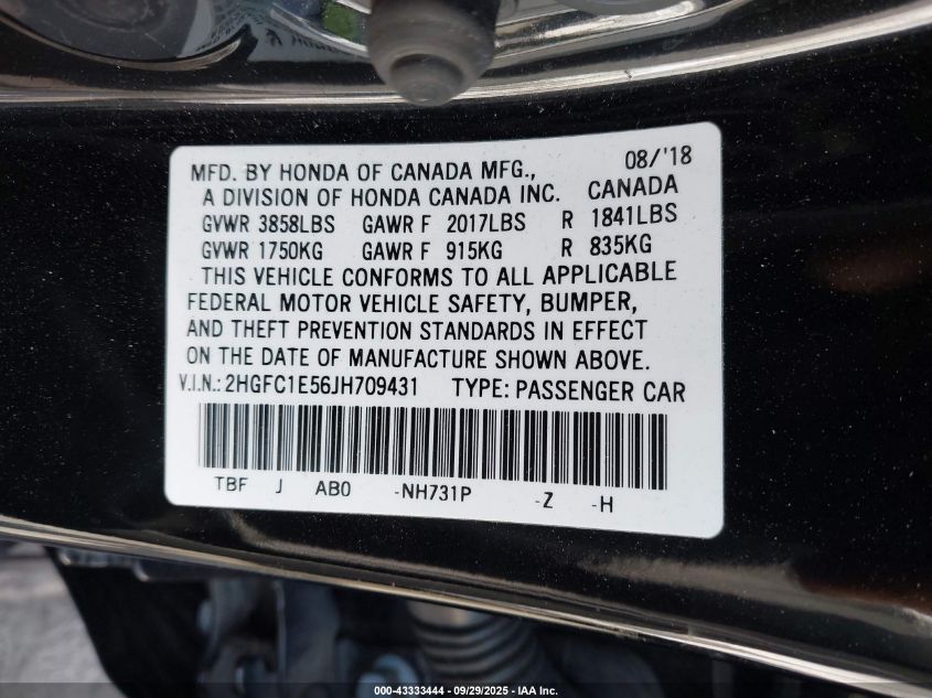 2018 Honda Civic Si VIN: 2HGFC1E56JH709431 Lot: 43333444