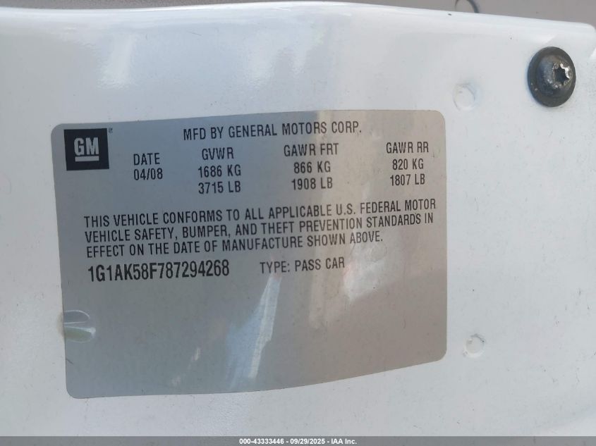 2008 Chevrolet Cobalt Ls VIN: 1G1AK58F787294268 Lot: 43333446