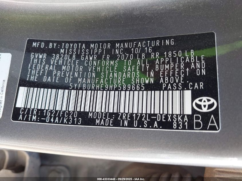 2017 Toyota Corolla Se VIN: 5YFBURHE9HP589665 Lot: 43333448