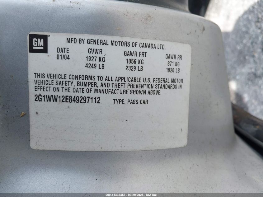 2004 Chevrolet Monte Carlo Ls VIN: 2G1WW12E849297112 Lot: 43333453