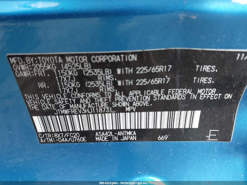 2017 Toyota Rav4 Xle VIN: JTMWFREV3HJ118731 Lot: 43333464