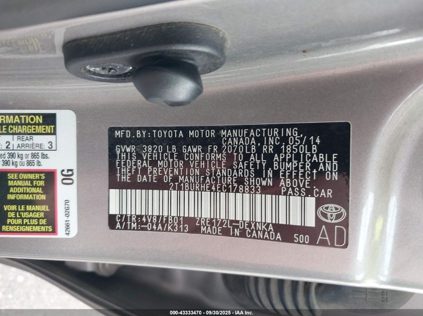 2014 Toyota Corolla Le VIN: 2T1BURHE4EC178833 Lot: 43333470