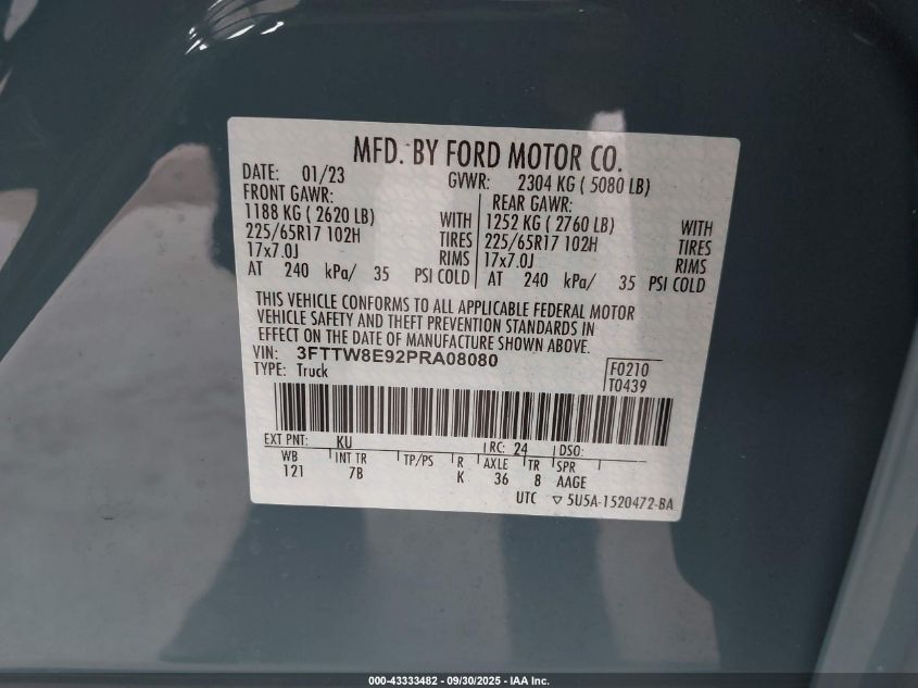 2023 Ford Maverick Xlt VIN: 3FTTW8E92PRA08080 Lot: 43333482