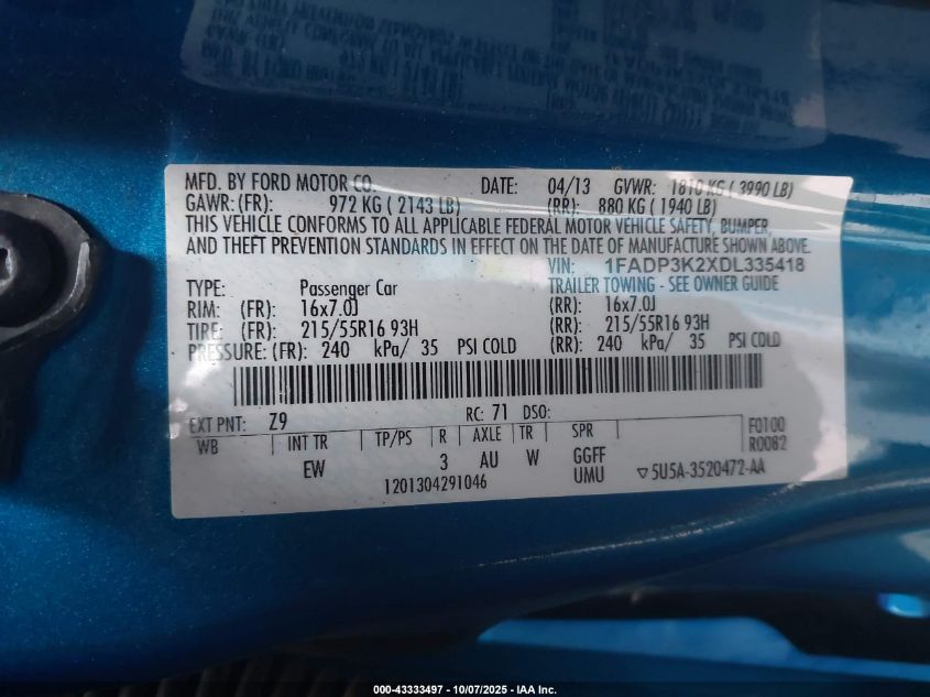 2013 Ford Focus Se VIN: 1FADP3K2XDL335418 Lot: 43333497