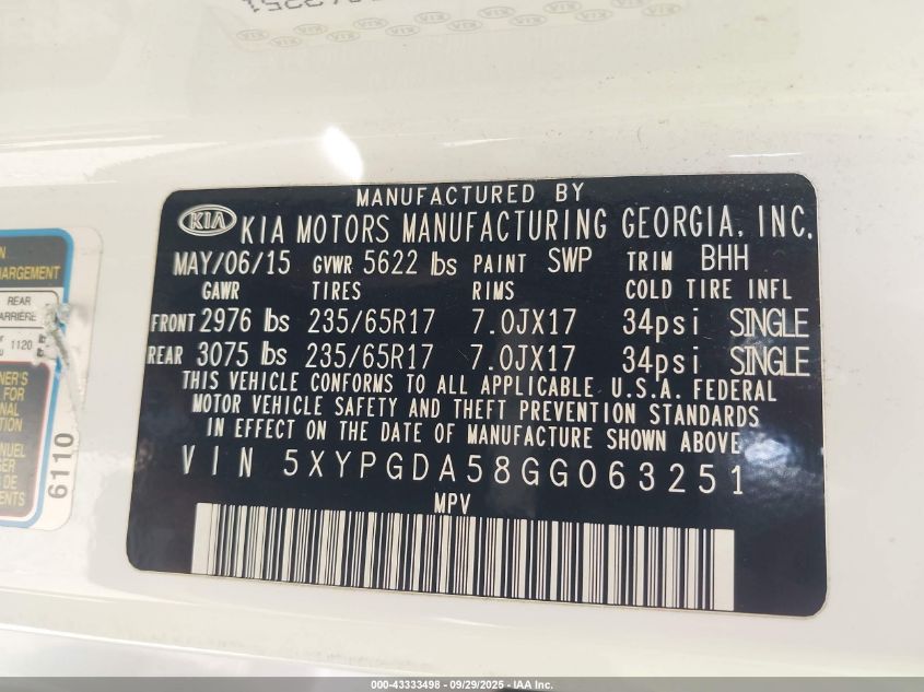 2016 Kia Sorento 3.3L Lx VIN: 5XYPGDA58GG063251 Lot: 43333498