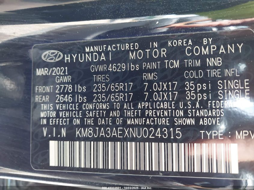 2022 Hyundai Tucson Se VIN: KM8JA3AEXNU024315 Lot: 43333501