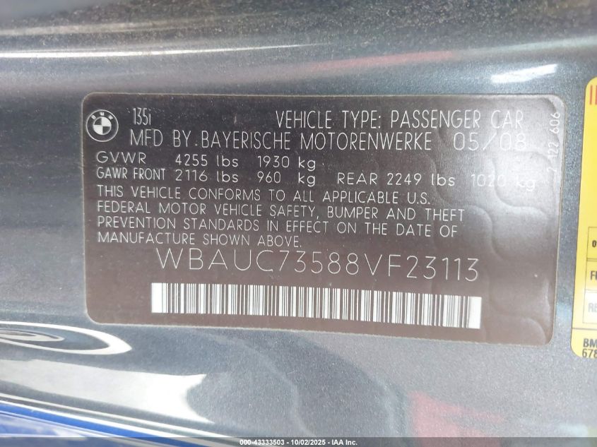 2008 BMW 135I VIN: WBAUC73588VF23113 Lot: 43333503