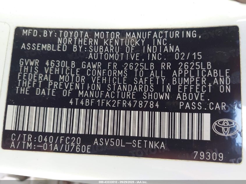 2015 Toyota Camry Le VIN: 4T4BF1FK2FR478784 Lot: 43333510