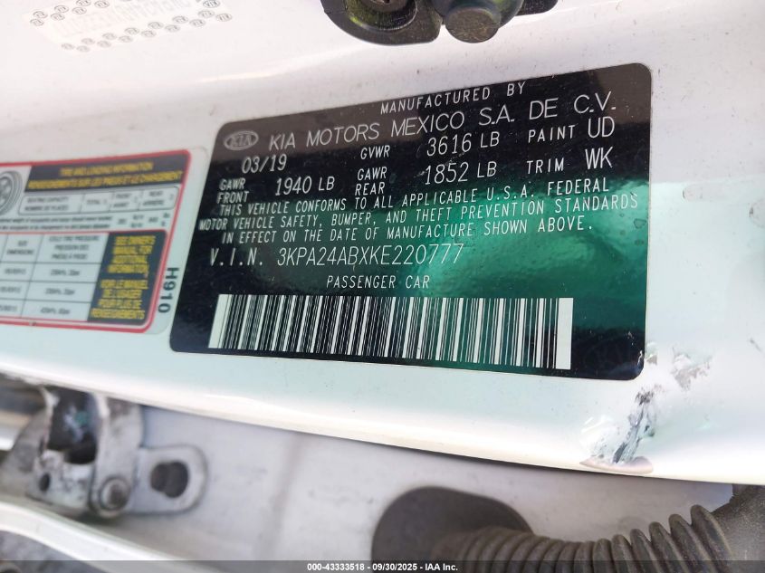 2019 Kia Rio Lx VIN: 3KPA24ABXKE220777 Lot: 43333518