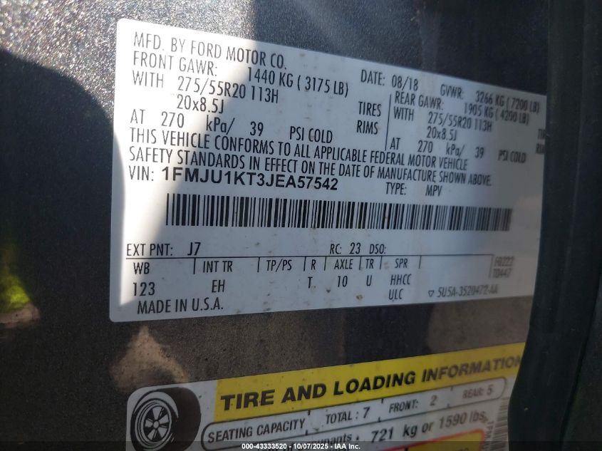 2018 Ford Expedition Limited VIN: 1FMJU1KT3JEA57542 Lot: 43333520
