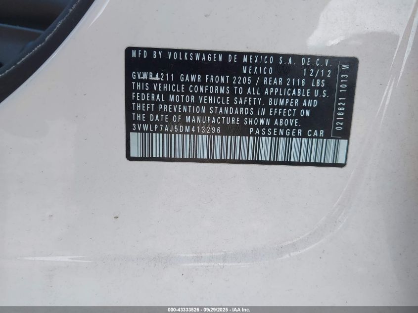 2013 Volkswagen Jetta 2.5L Sel VIN: 3VWLP7AJ5DM413296 Lot: 43333526