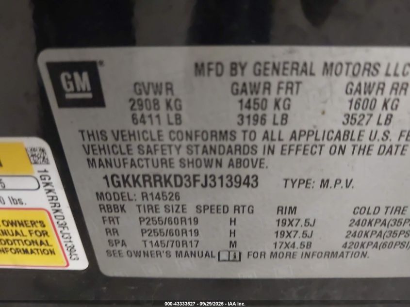 2015 GMC Acadia Slt-1 VIN: 1GKKRRKD3FJ313943 Lot: 43333527