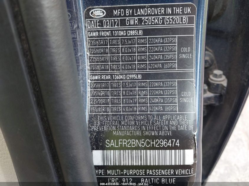 2012 Land Rover Lr2 VIN: SALFR2BN5CH296474 Lot: 43333534