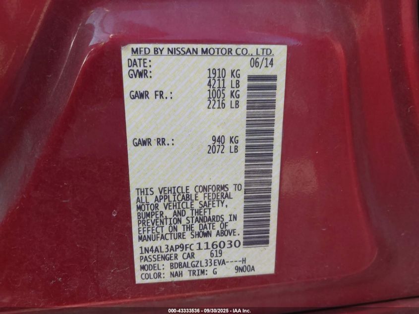 2015 Nissan Altima 2.5 S VIN: 1N4AL3AP9FC116030 Lot: 43333536