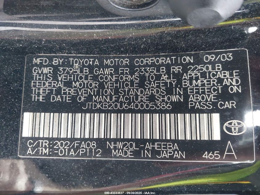 2004 Toyota Prius VIN: JTDKB20U640005386 Lot: 43333537