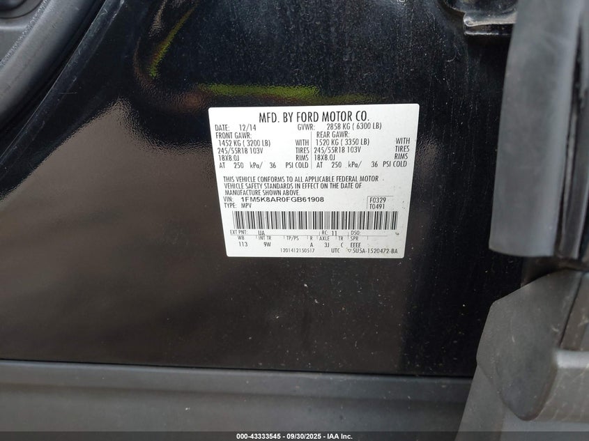 2015 FORD POLICE INTERCEPTOR - 1FM5K8AR0FGB61908