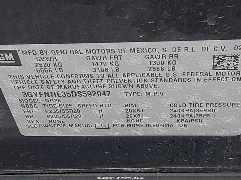 2013 Cadillac Srx Performance Collection VIN: 3GYFNHE35DS592047 Lot: 43333557