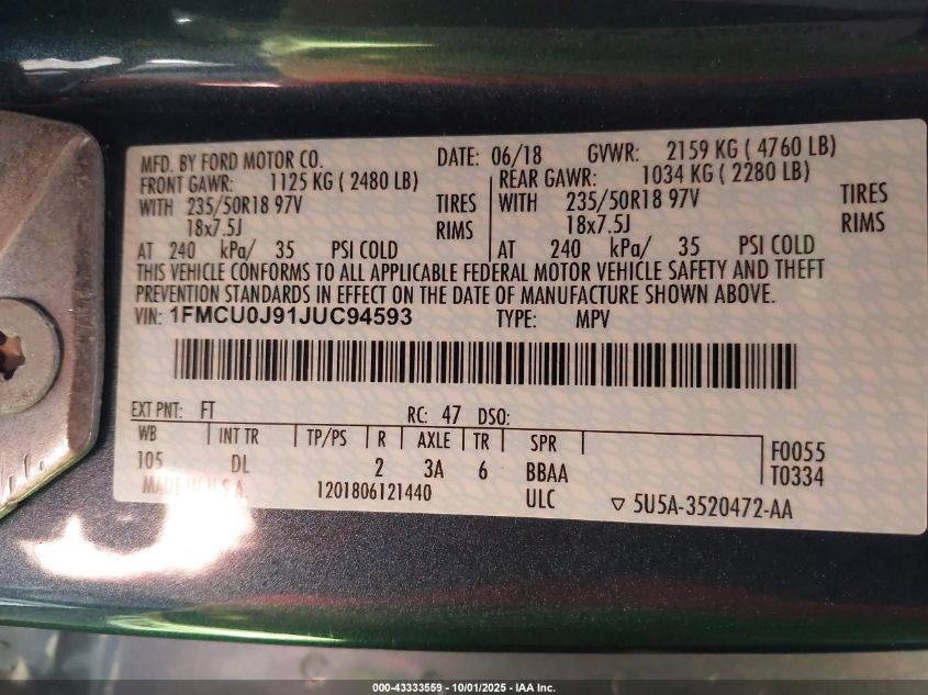 2018 Ford Escape Titanium VIN: 1FMCU0J91JUC94593 Lot: 43333559