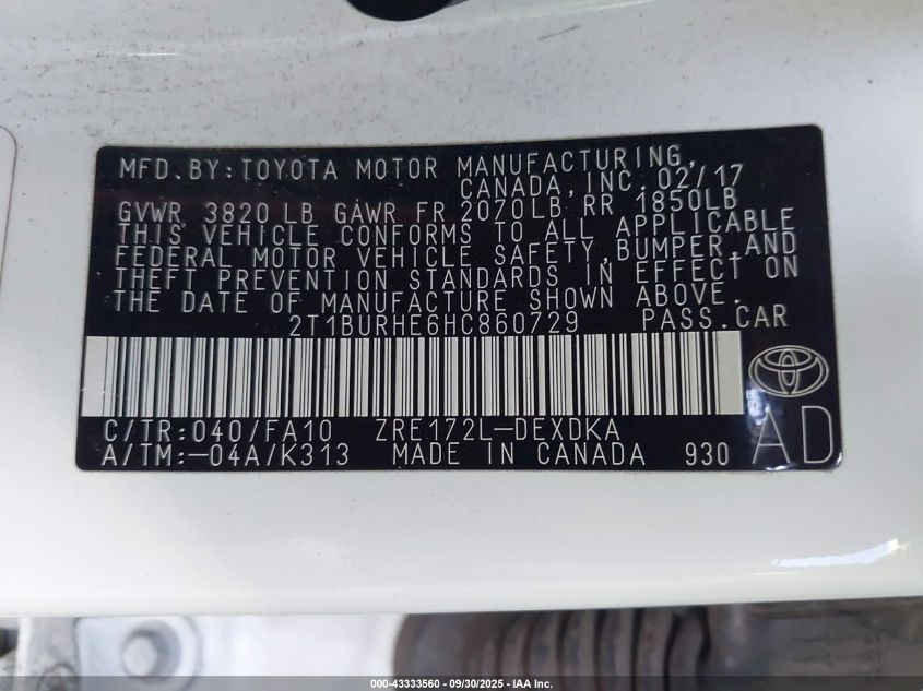 2017 Toyota Corolla L VIN: 2T1BURHE6HC860729 Lot: 43333560