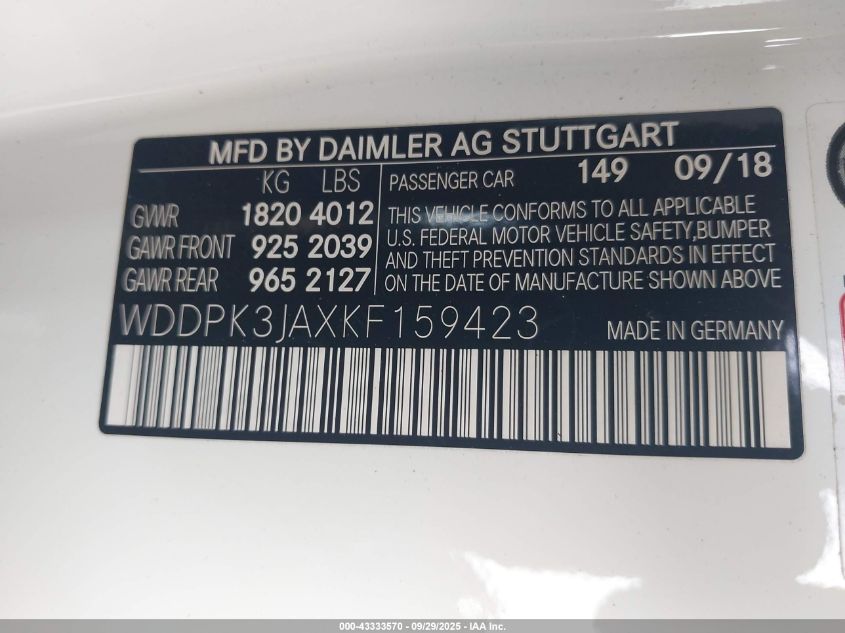 2019 Mercedes-Benz Slc 300 VIN: WDDPK3JAXKF159423 Lot: 43333570