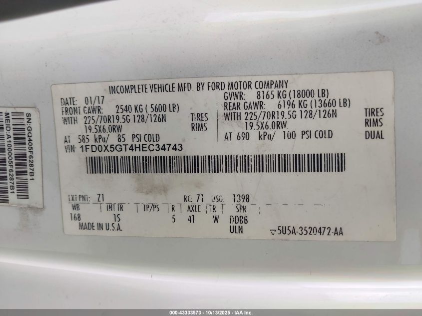 2017 Ford F-550 Chassis Xl VIN: 1FD0X5GT4HEC34743 Lot: 43333573