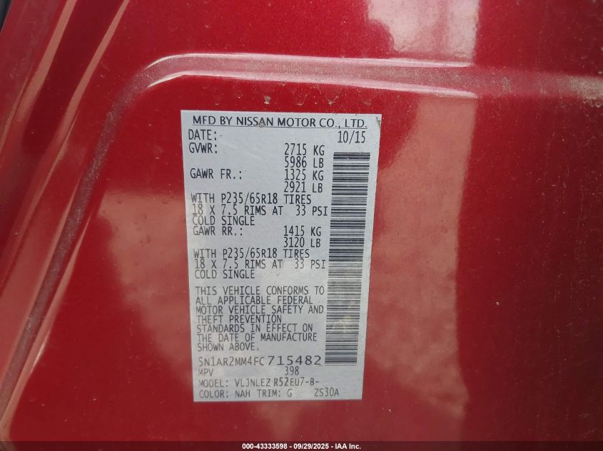 2015 Nissan Pathfinder Sv VIN: 5N1AR2MM4FC715482 Lot: 43333598