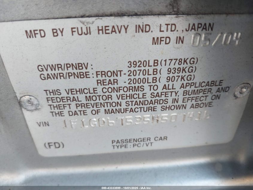 2005 Subaru Impreza 2.5Rs VIN: JF1GD67535H507416 Lot: 43333599