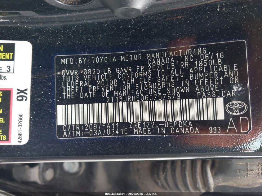 2016 Toyota Corolla L VIN: 2T1BURHE0GC707679 Lot: 43333601