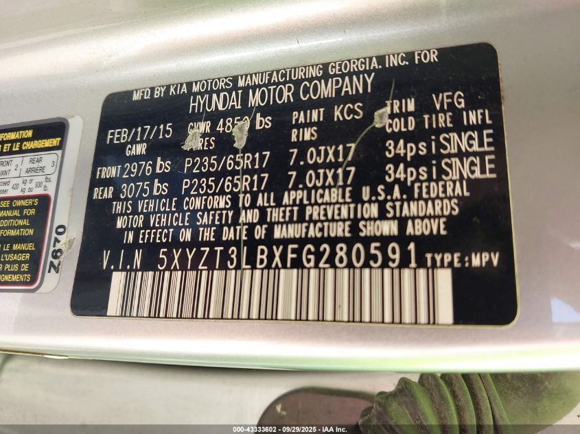 2015 Hyundai Santa Fe Sport 2.4L VIN: 5XYZT3LBXFG280591 Lot: 43333602