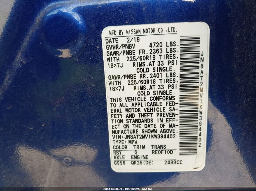 2019 Nissan Rogue Sv VIN: JN8AT2MV1KW394402 Lot: 43333609