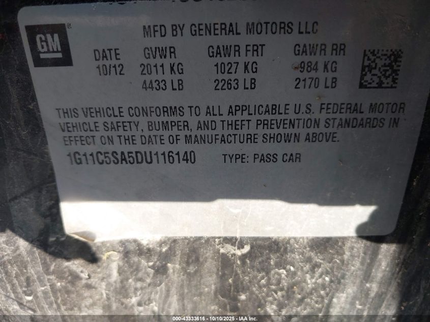 2013 Chevrolet Malibu 1Lt VIN: 1G11C5SA5DU116140 Lot: 43333616