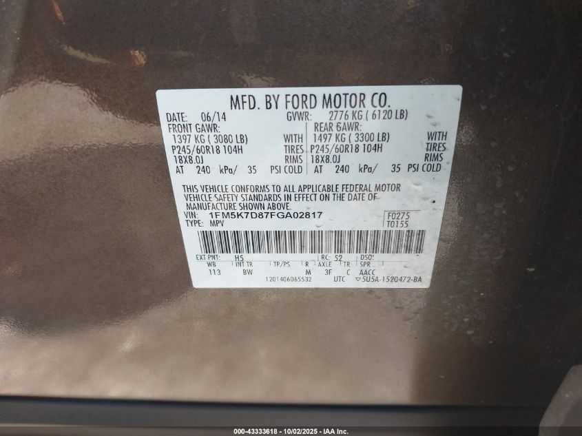 2015 Ford Explorer Xlt VIN: 1FM5K7D87FGA02817 Lot: 43333618