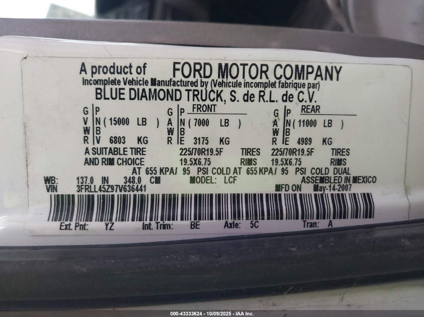 2007 Ford Lcf 645A VIN: 3FRLL45Z97V636441 Lot: 43333624