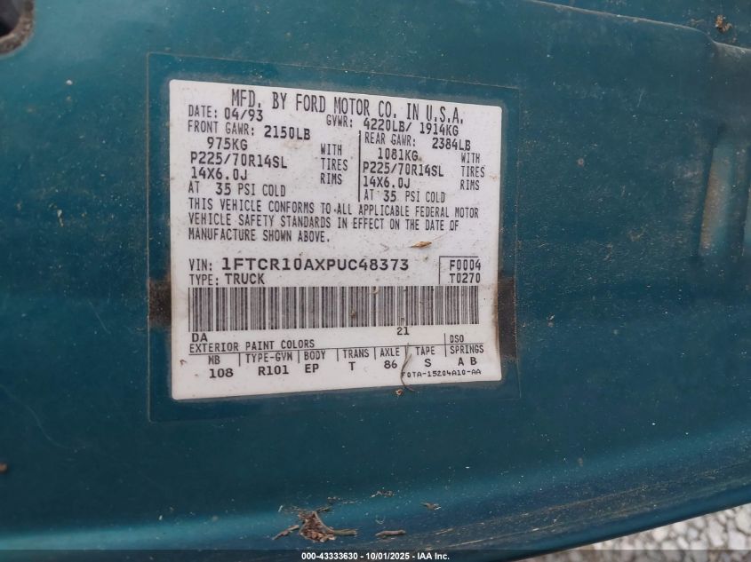 1993 Ford Ranger VIN: 1FTCR10AXPUC48373 Lot: 43333630