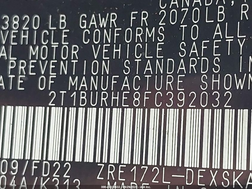 2015 Toyota Corolla S Plus VIN: 2T1BURHE8FC392032 Lot: 43333632