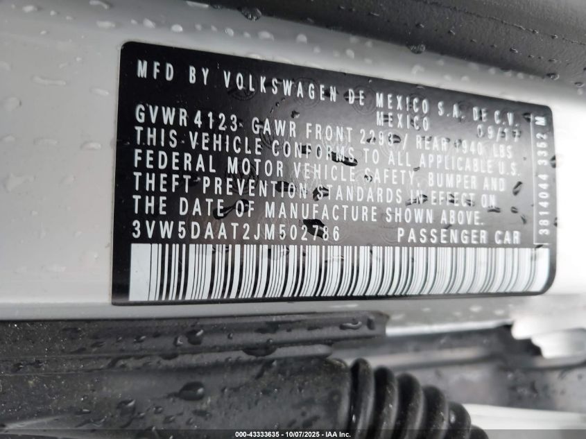 2018 Volkswagen Beetle 2.0T Coast/2.0T S/2.0T Se VIN: 3VW5DAAT2JM502786 Lot: 43333635