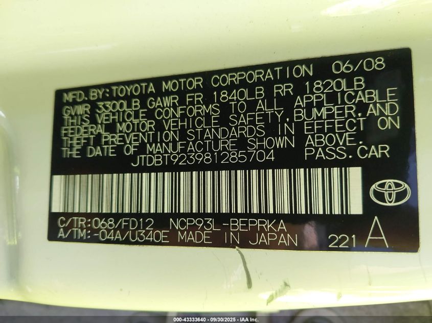 2008 Toyota Yaris VIN: JTDBT923981285704 Lot: 43333640