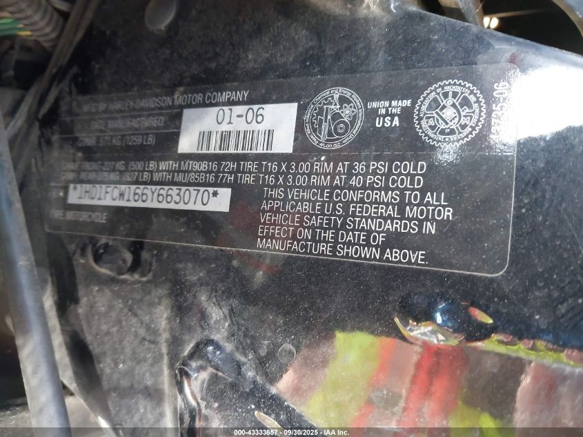 2006 Harley-Davidson Flhtcui VIN: 1HD1FCW166Y663070 Lot: 43333657