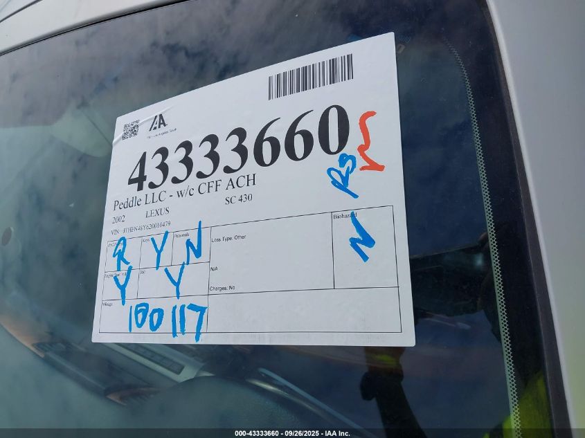 2002 Lexus Sc 430 VIN: JTHFN48Y620010479 Lot: 43333660