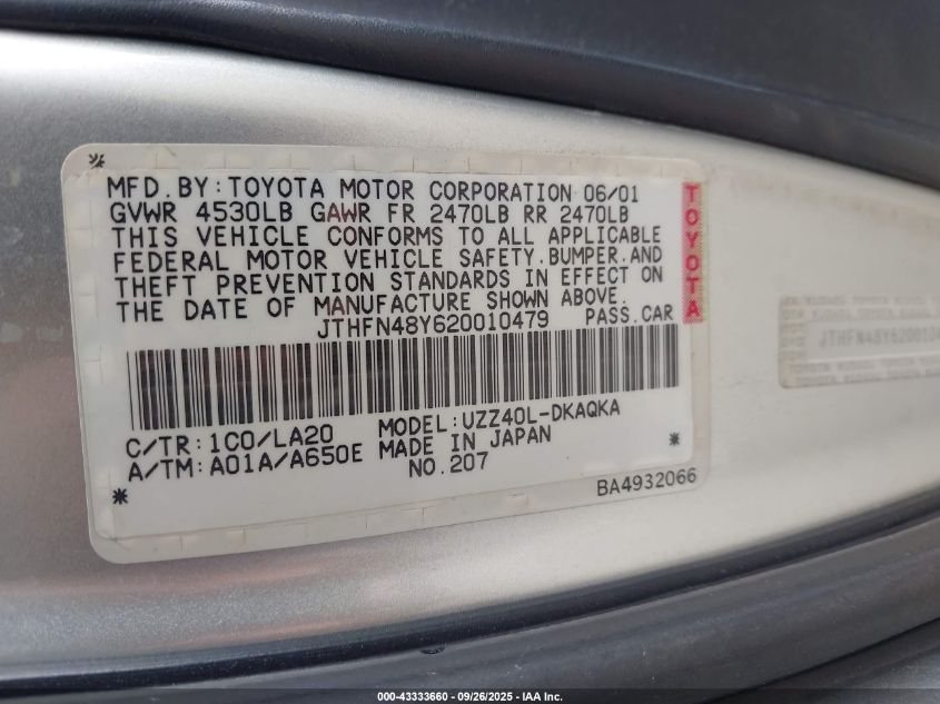 2002 Lexus Sc 430 VIN: JTHFN48Y620010479 Lot: 43333660