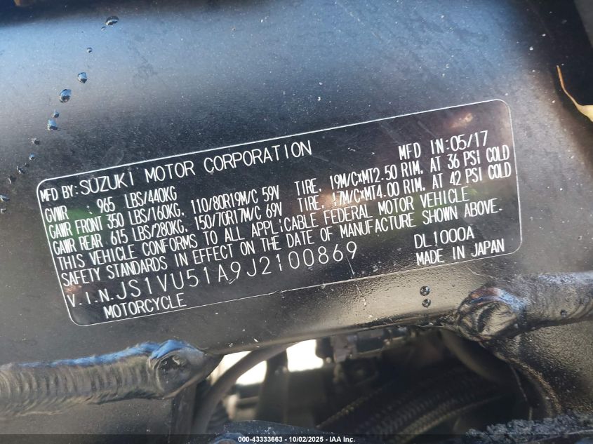 2018 Suzuki Dl1000 A/X VIN: JS1VU51A9J2100869 Lot: 43333663