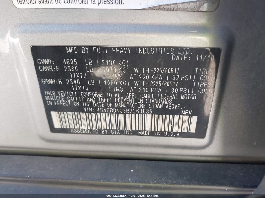 2011 Subaru Outback 3.6R Limited VIN: 4S4BRDKC3B2368835 Lot: 43333667