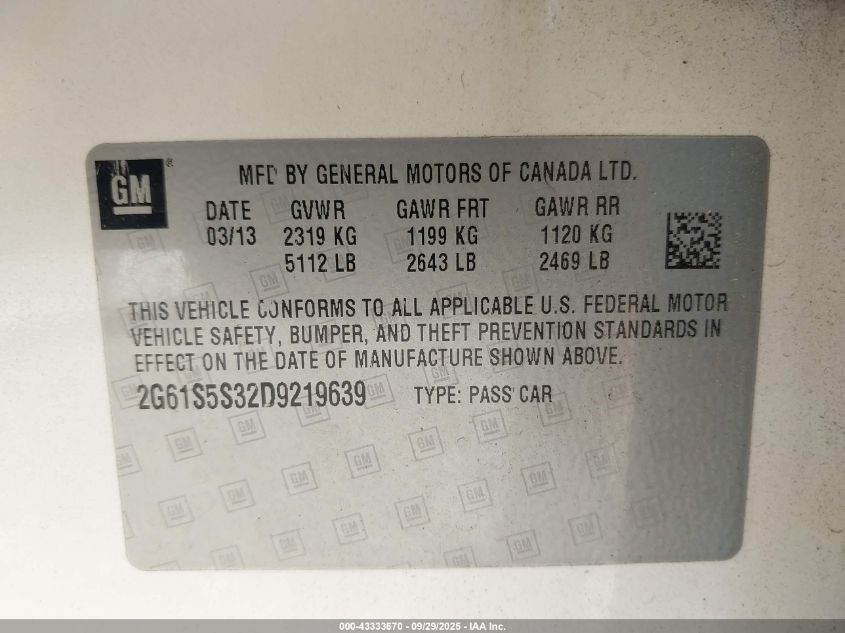 2013 Cadillac Xts Premium VIN: 2G61S5S32D9219639 Lot: 43333670