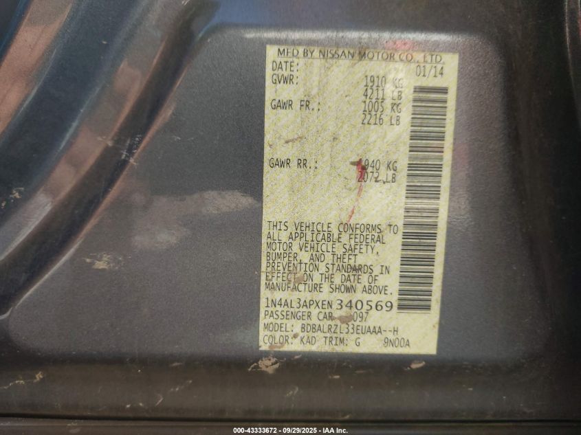 2014 Nissan Altima 2.5 S VIN: 1N4AL3APXEN340569 Lot: 43333672