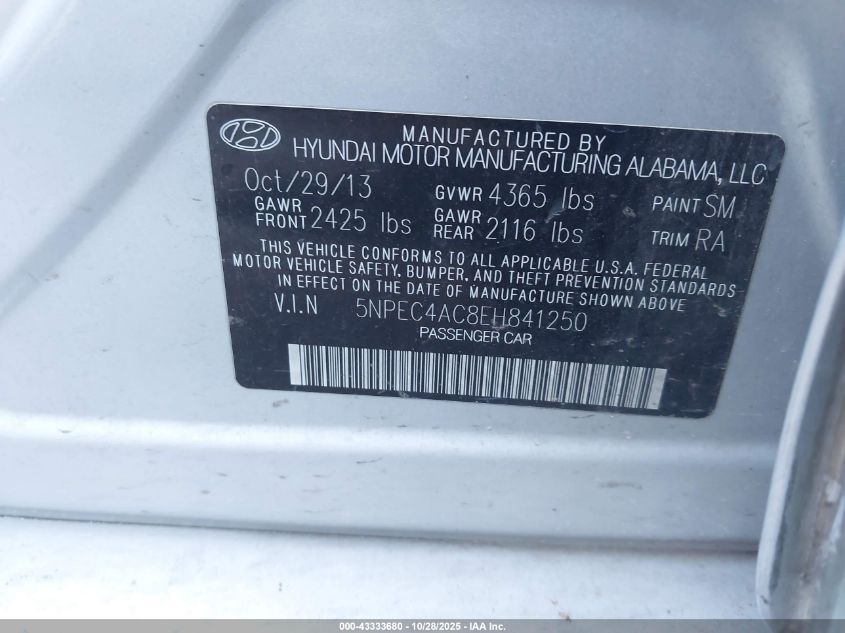 2014 Hyundai Sonata Se VIN: 5NPEC4AC8EH841250 Lot: 43333680