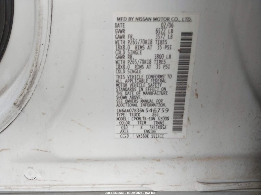 2006 Nissan Titan Se VIN: 1N6AA07B36N546759 Lot: 43333683