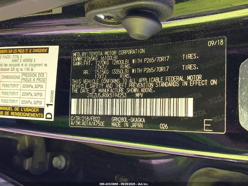 2019 Toyota 4Runner Sr5 VIN: JTEZU5JRXK5194253 Lot: 43333698