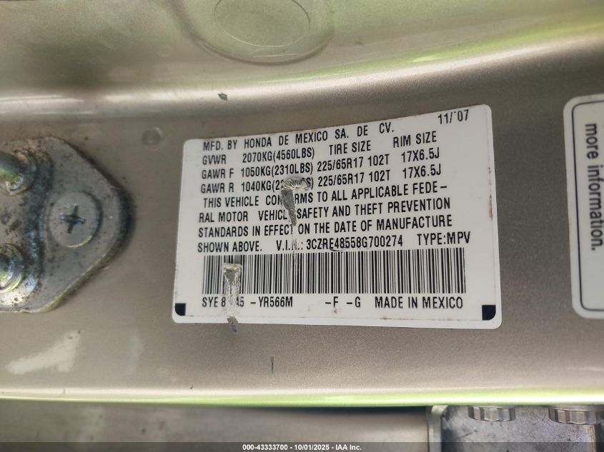 2008 Honda Cr-V Ex VIN: 3CZRE48558G700274 Lot: 43333700