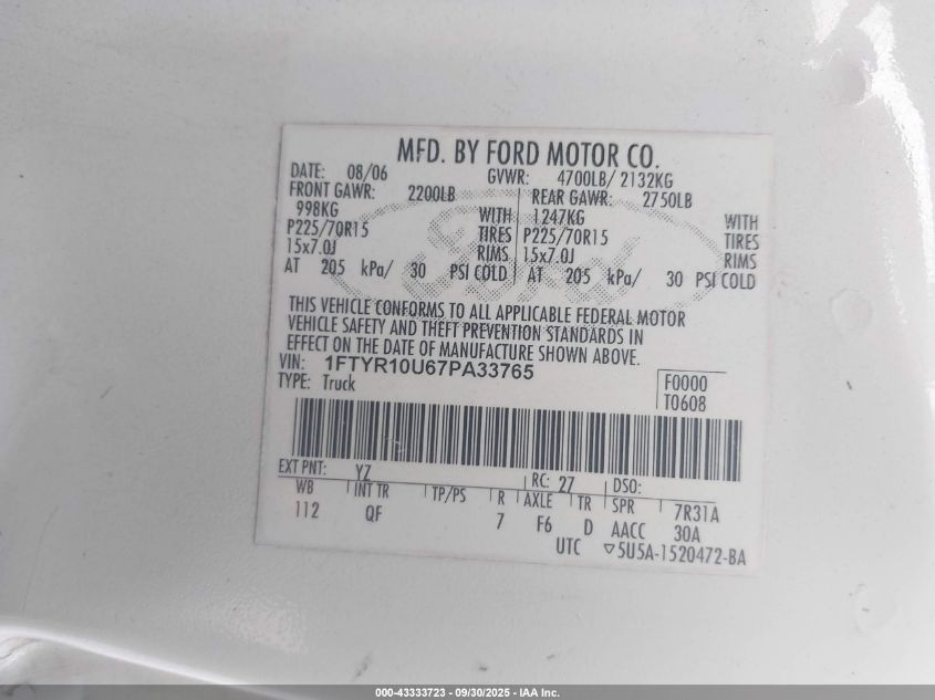 2007 Ford Ranger Sport/Stx/Xl/Xlt VIN: 1FTYR10U67PA33765 Lot: 43333723