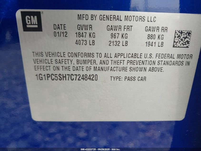 2012 Chevrolet Cruze Ls VIN: 1G1PC5SH7C7248420 Lot: 43333729